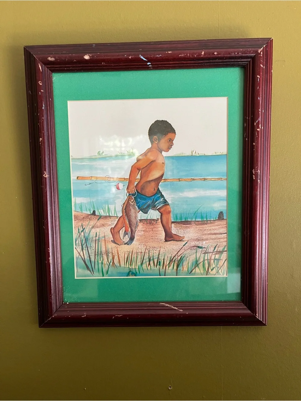 Black American Vintage Watercolor Painting Haitian Boy Catching Fish Artwork